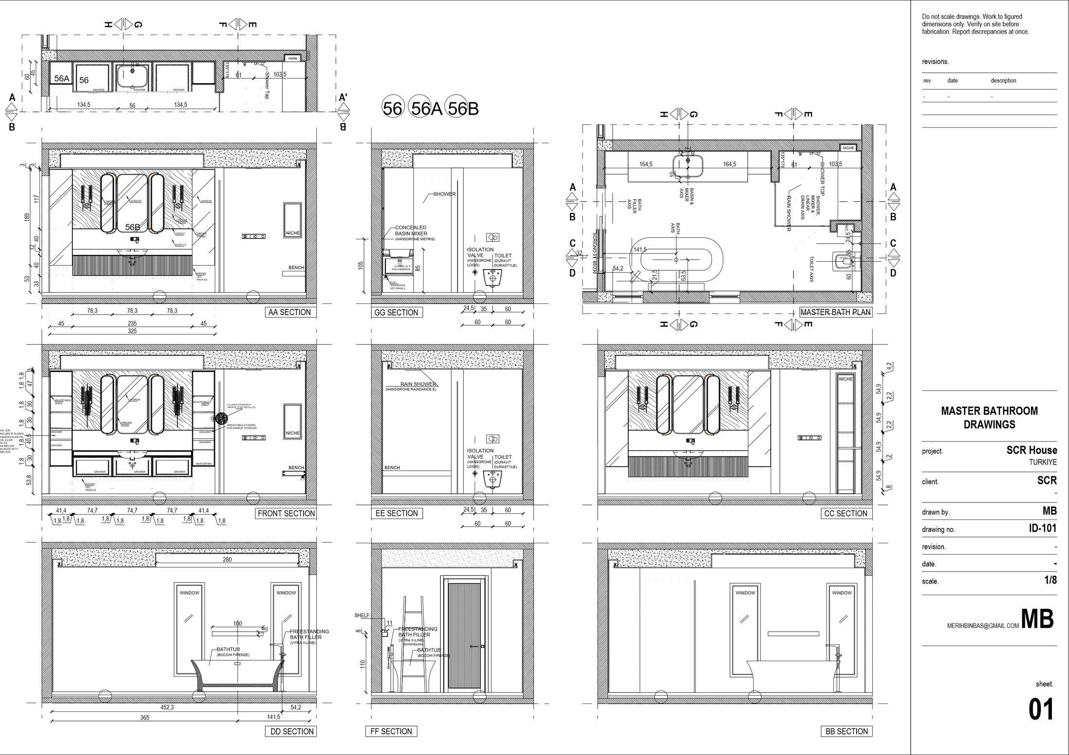 Master bathroom technical drawings — plan, sections and construction details